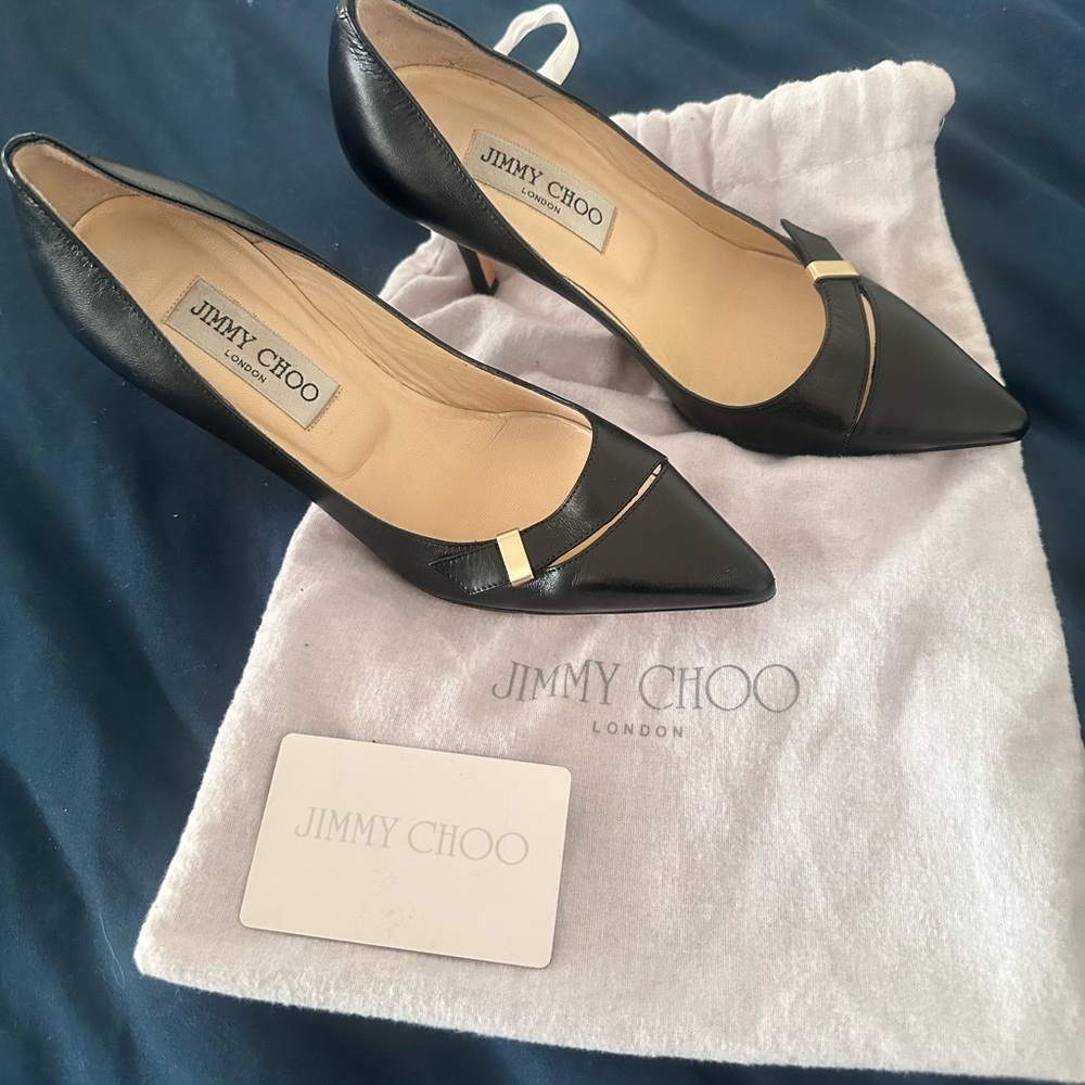 Jimmy Choo Black Leather Heels with Gold Accent – Elegant & Timeless